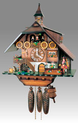 Traditional Chalet Cuckoo clock, Art.68_8_RM Walnut paint, - Chalet Cuckoo melody with gong hour on coil gong and carillon with dancer, mill, bell